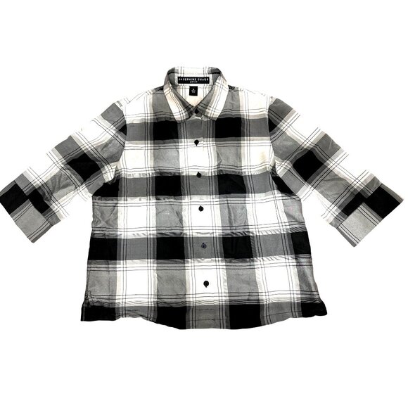Josephine Chaus 10P Vintage Silk Plaid Blouse Black Gray Uptown Archivist Style - Picture 7 of 11